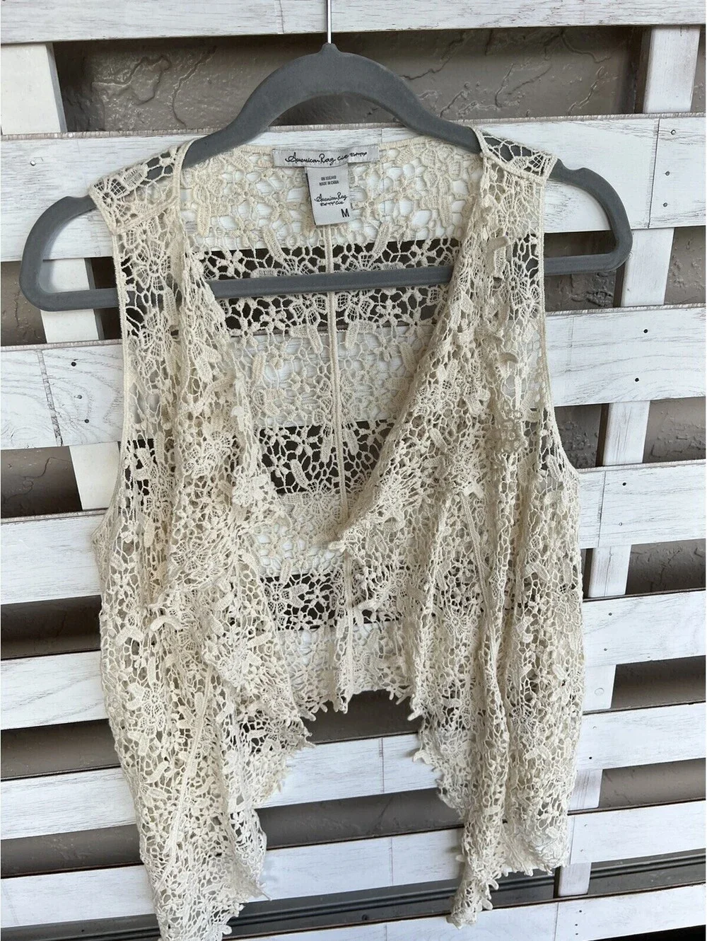 American Rag Cie Crochet Vest Top Natural Beige Floral Open Knit Size M